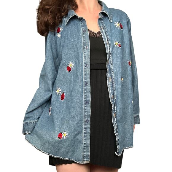 Rare Quacker Factory women's 1x denim button-up shirt embroidered ladybugs - Picture 1 of 12